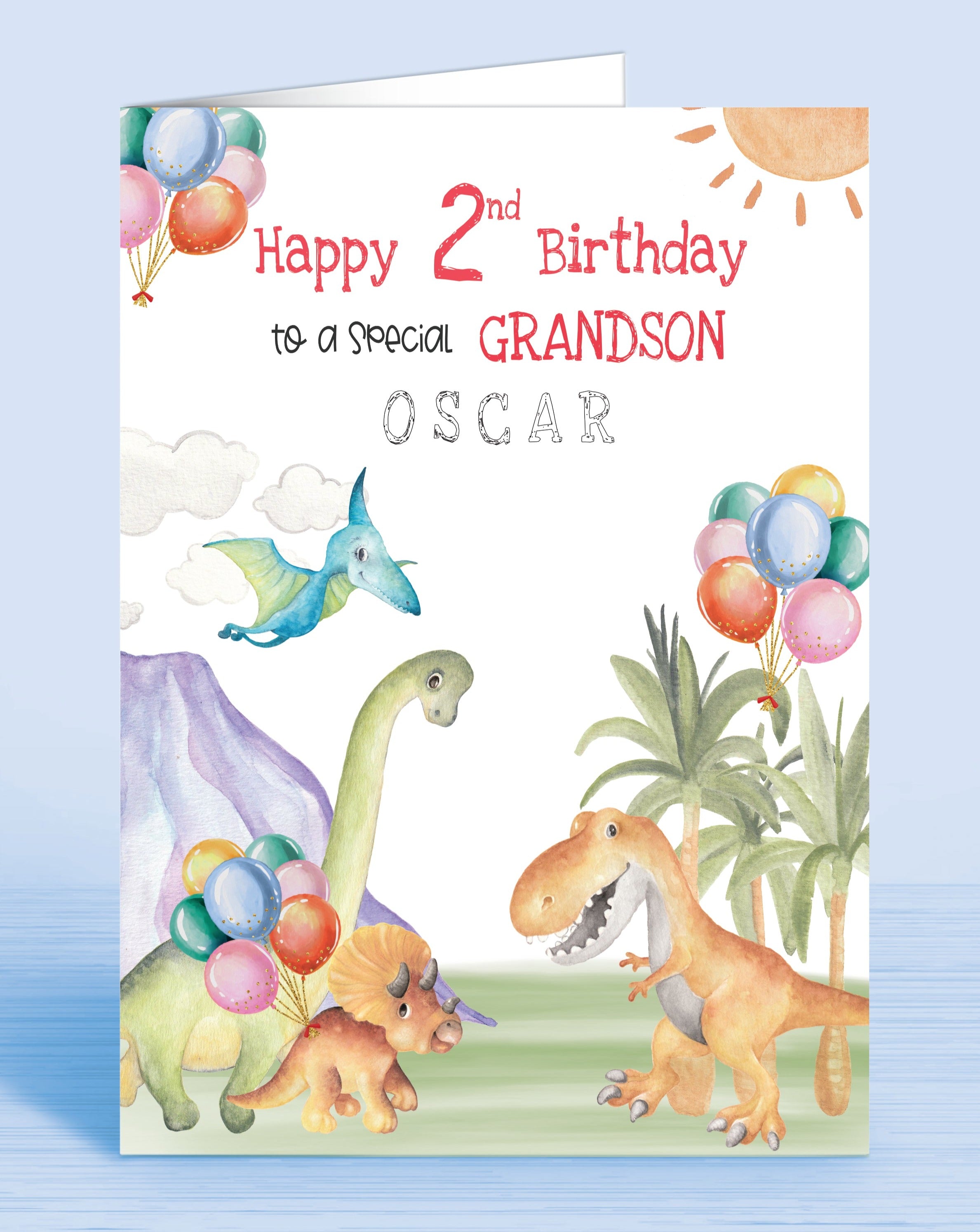 Grandson 2nd Birthday Card, Dinosaur Theme, any age, any relation, Personalised with name of your choice | Oliver Rose Designs