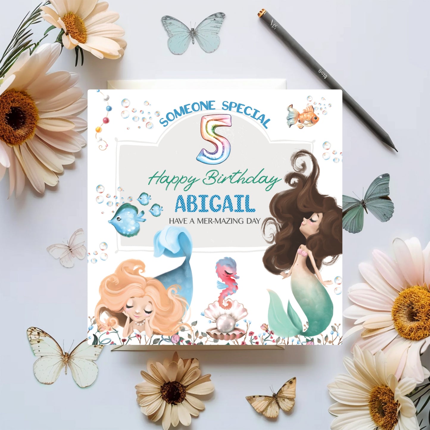 Mermaid Birthday card for someone special, personalised girls birthday card mermaid theme. Styled photo by Oliver Rose Designs UK