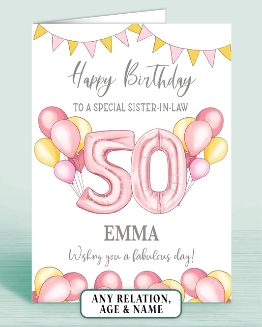 50th Birthday Card for Sister in law, Personalised with name, wishing you a fabulous day, happy birthday card | Oliver Rose Designs