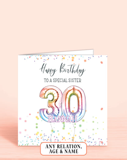 Sister Birthday Card, 30th Birthday Card for Sister-in-law, Personalised Rainbow Effect Birthday Card | Oliver Rose Designs