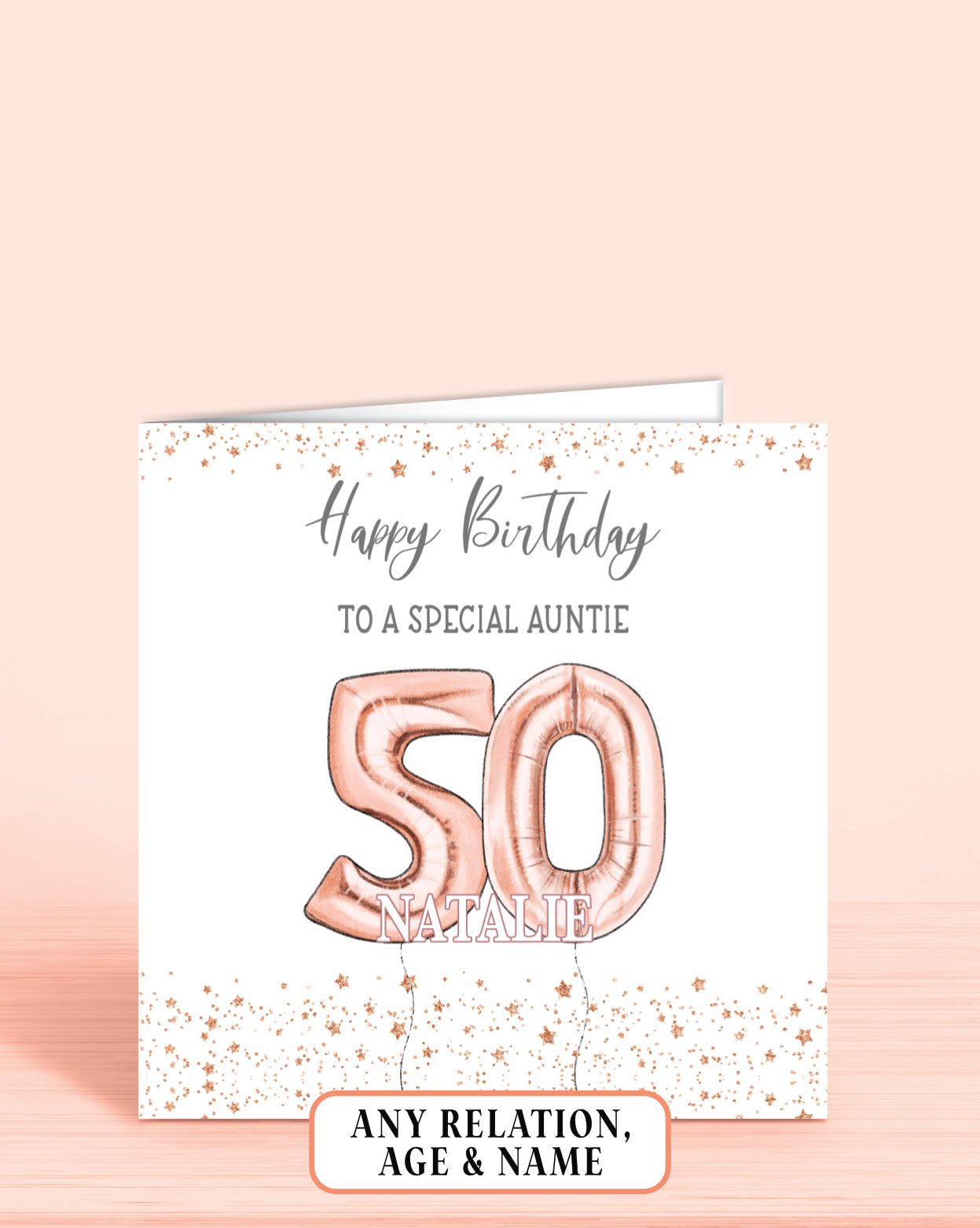 50th Birthday Card, Auntie Birthday Card, Rose Gold Effect Birthday Card (5.75" Square) - Oliver Rose Designs