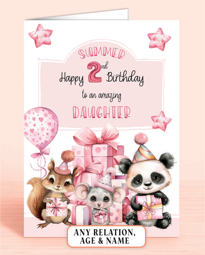 Daughter Birthday Card, 2nd Birthday Card, Cute Animals Design, Pink. Personalised with Childs Name, Any Age, Any Relation. Panda, Squirrel & Mouse | Oliver Rose Designs