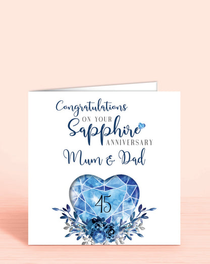 45th Sapphire Anniversary Card, On your Sapphire Anniversary, Mum & Dad, 45 years