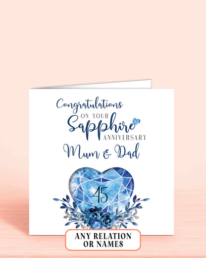 45th Sapphire Anniversary Card, On your Sapphire Anniversary, Mum & Dad, 45 years