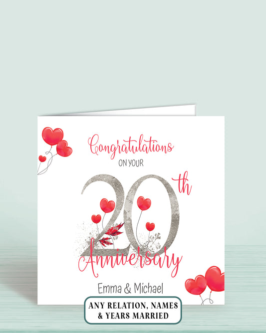 Red Hearts Anniversary Card - with years married - Oliver Rose Designs