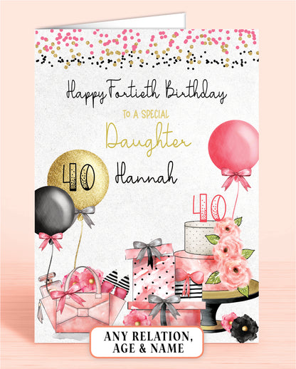 Glam Pink & Black Birthday Card, 40th Birthday Card, Daughter Birthday Card, Personalised Birthday Card | Oliver Rose Designs