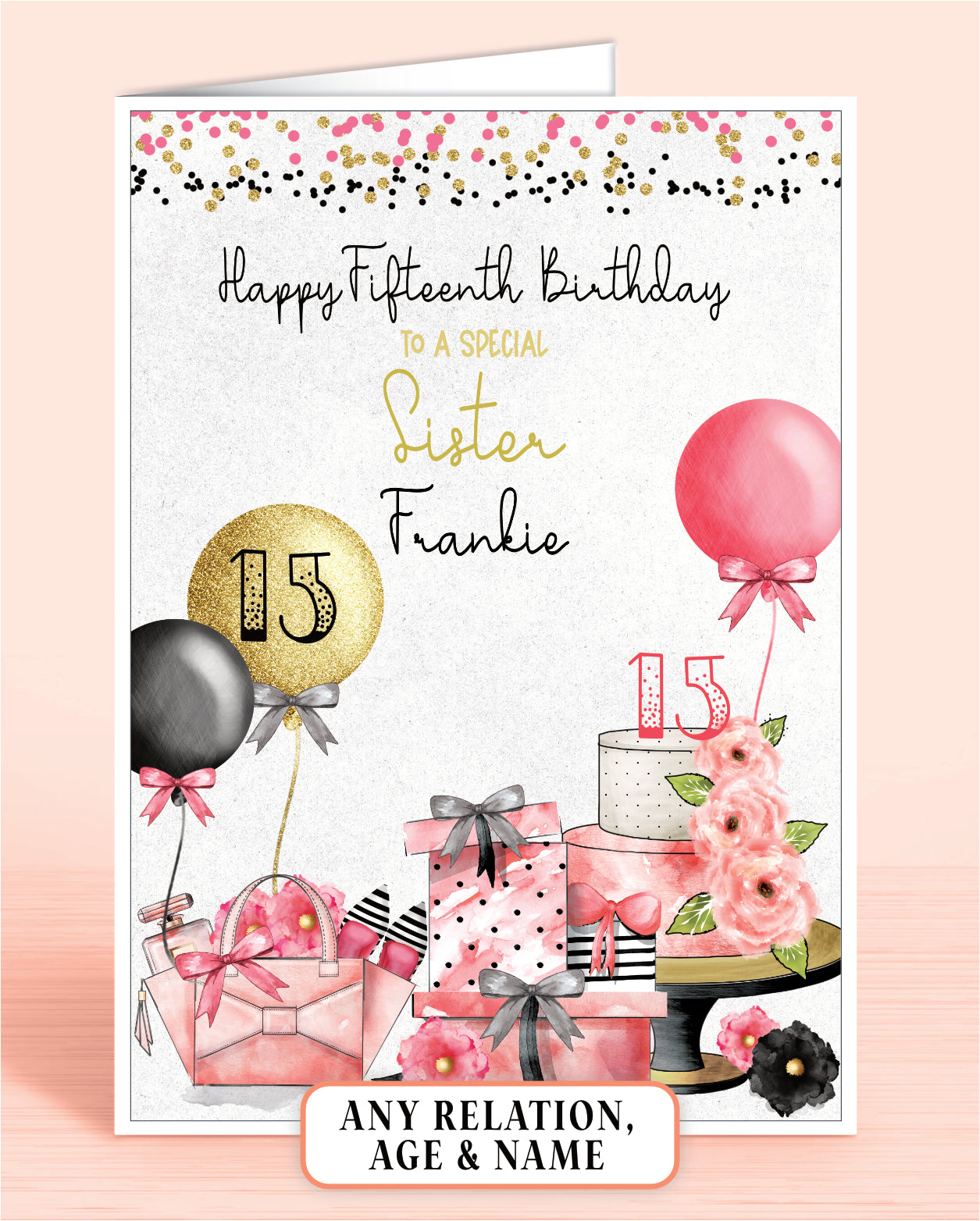 Glam Pink & Black Birthday Card, 15th Birthday Card, Sister Birthday Card, Personalised Birthday Card | Oliver Rose Designs