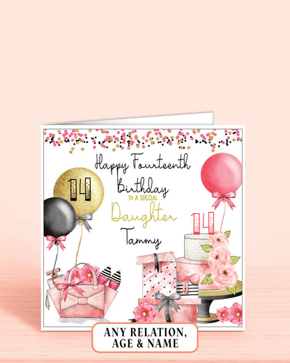 Daughter Birthday Card, Personalised 14th Birthday Card, Any Age, Any Relation, Add a Name. Pink, Black & Gold Effect | Oliver Rose Designs