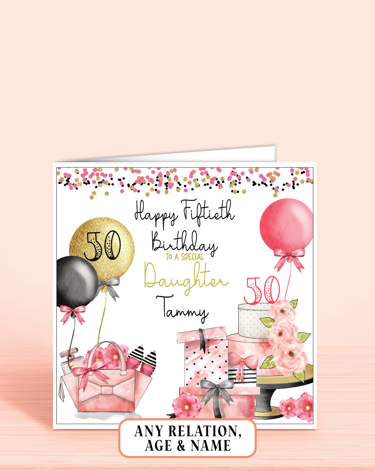 Daughter Birthday Card, Personalised 50th Birthday Card, Any Age, Any Relation, Add a Name. Pink, Black & Gold Effect | Oliver Rose Designs