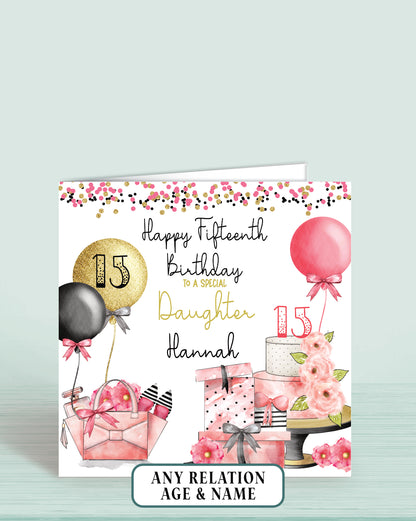 Daughter Birthday Card, Personalised 15th Birthday Card, Any Age, Any Relation, Add a Name. Pink, Black & Gold Effect | Oliver Rose Designs