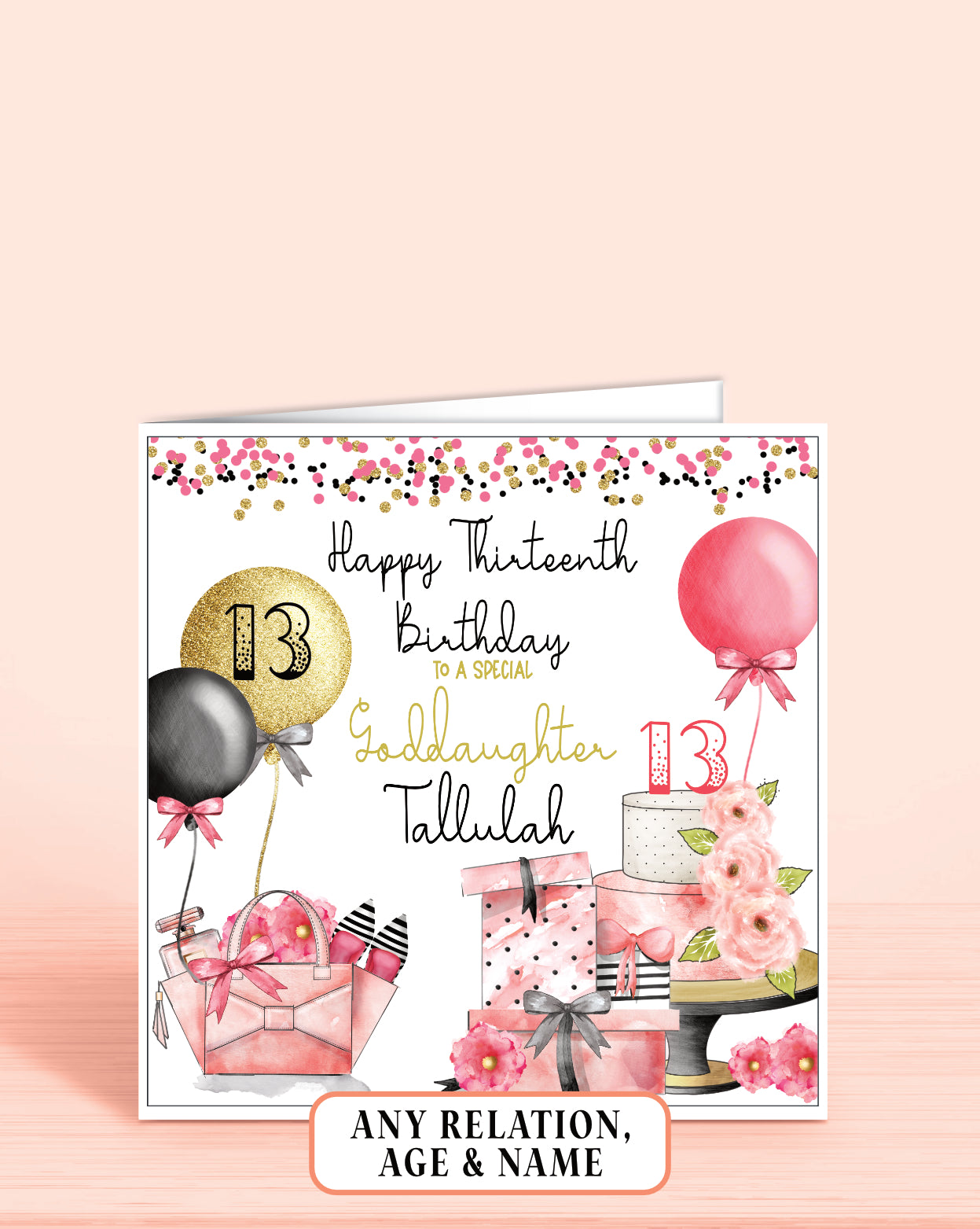 Goddaughter Birthday Card Age 13th, Pink, Black & Gold Effect, Any Age, Any Relation, To a Special Granddaughter, Goddaughter, Personalise with a Name | Oliver Rose Designs