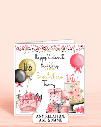 Great-Niece Birthday Card, Personalised 16th Birthday Card, Any Age, Any Relation, Add a Name. Pink, Black & Gold Effect | Oliver Rose Designs