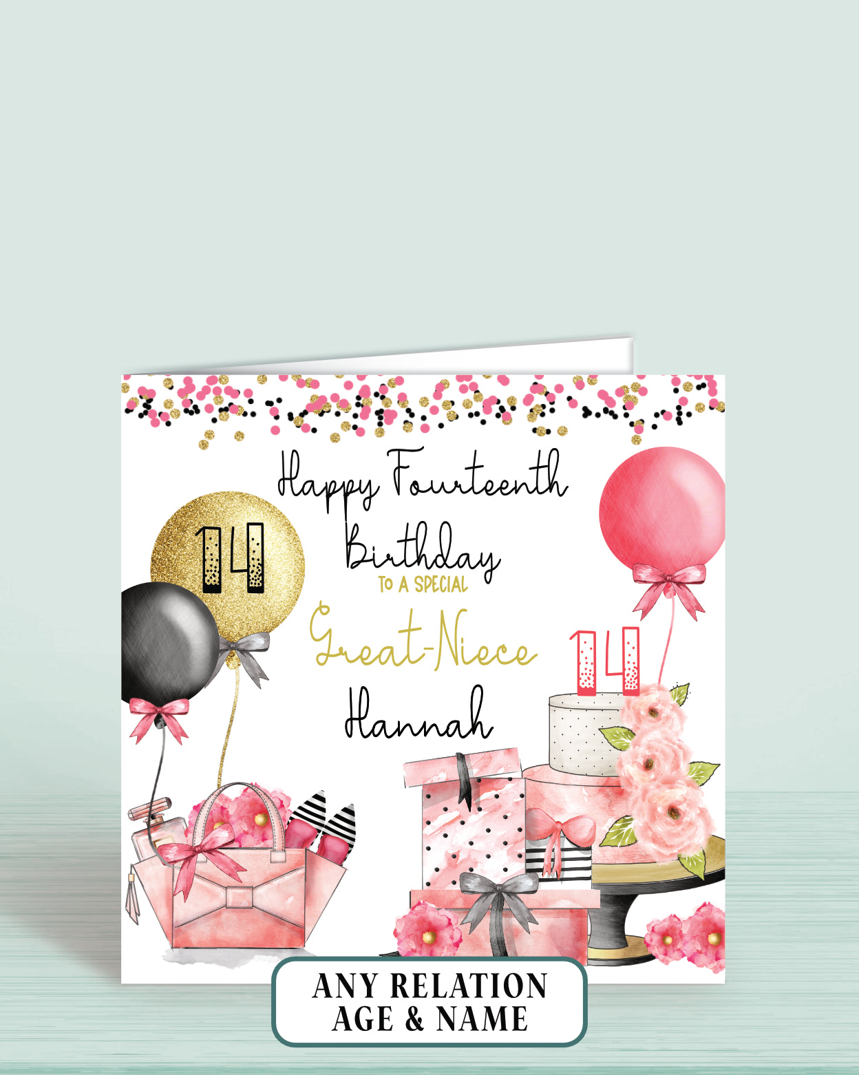 Great-Niece Birthday Card, Personalised 14th Birthday Card, Any Age, Any Relation, Add a Name. Pink, Black & Gold Effect | Oliver Rose Designs