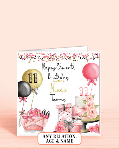 Niece Birthday Card, Personalised 11th Birthday Card, Any Age, Any Relation, Add a Name. Pink, Black & Gold Effect | Oliver Rose Designs