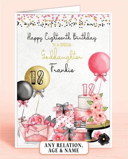 Glam Pink & Black Birthday Card, 18th Birthday Card, Goddaughter Birthday Card, Personalised Birthday Card | Oliver Rose Designs