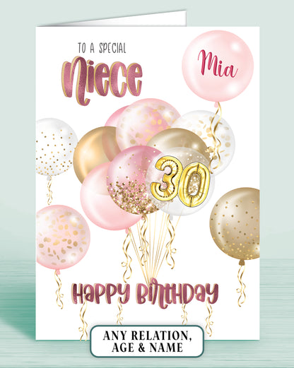 Pink & Gold effect balloons 30th birthday card, to a special Niece, SKU: BDAYPINKA5 | Oliver Rose Designs