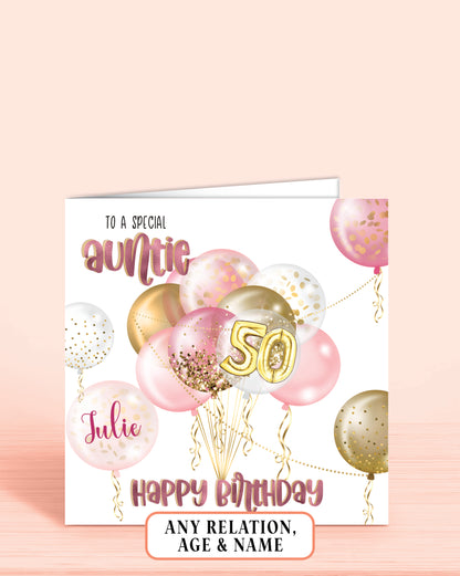 Auntie Birthday Card, 50th Birthday Card, Auntie 50th Birthday Card, Personalised Pink Balloons Birthday Card (5.75" Square) - Oliver Rose Designs