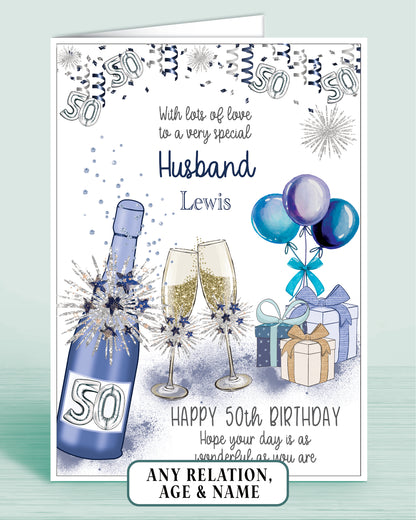 Husband Birthday Card, Mens 50th Birthday Card for Him, any age, any relation, Blue Bubbly A5 | Oliver Rose Designs