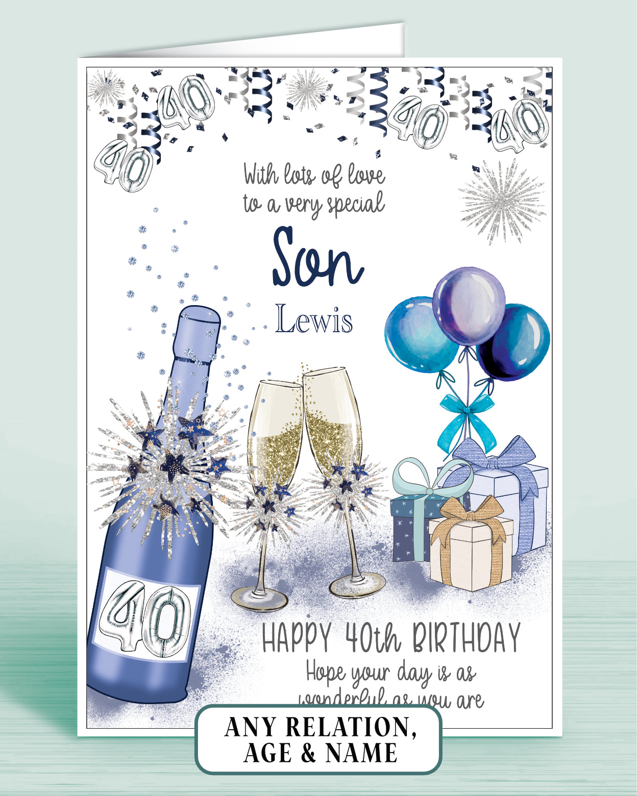 Son Birthday Card, Mens 40th Birthday Card for Him, any age, any relation, Blue Bubbly A5 | Oliver Rose Designs