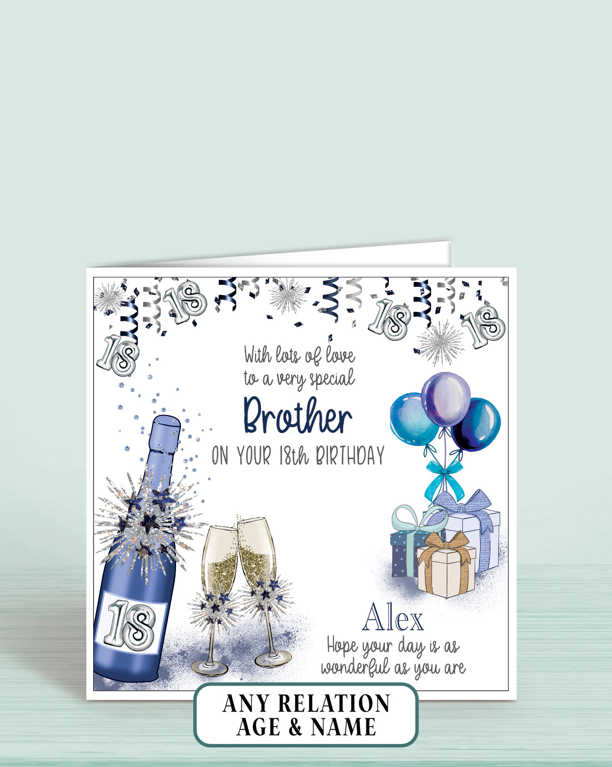 Brother Birthday Card, Mens 18th Birthday Card for Him, any age, any relation, Blue Bubbly | Oliver Rose Designs