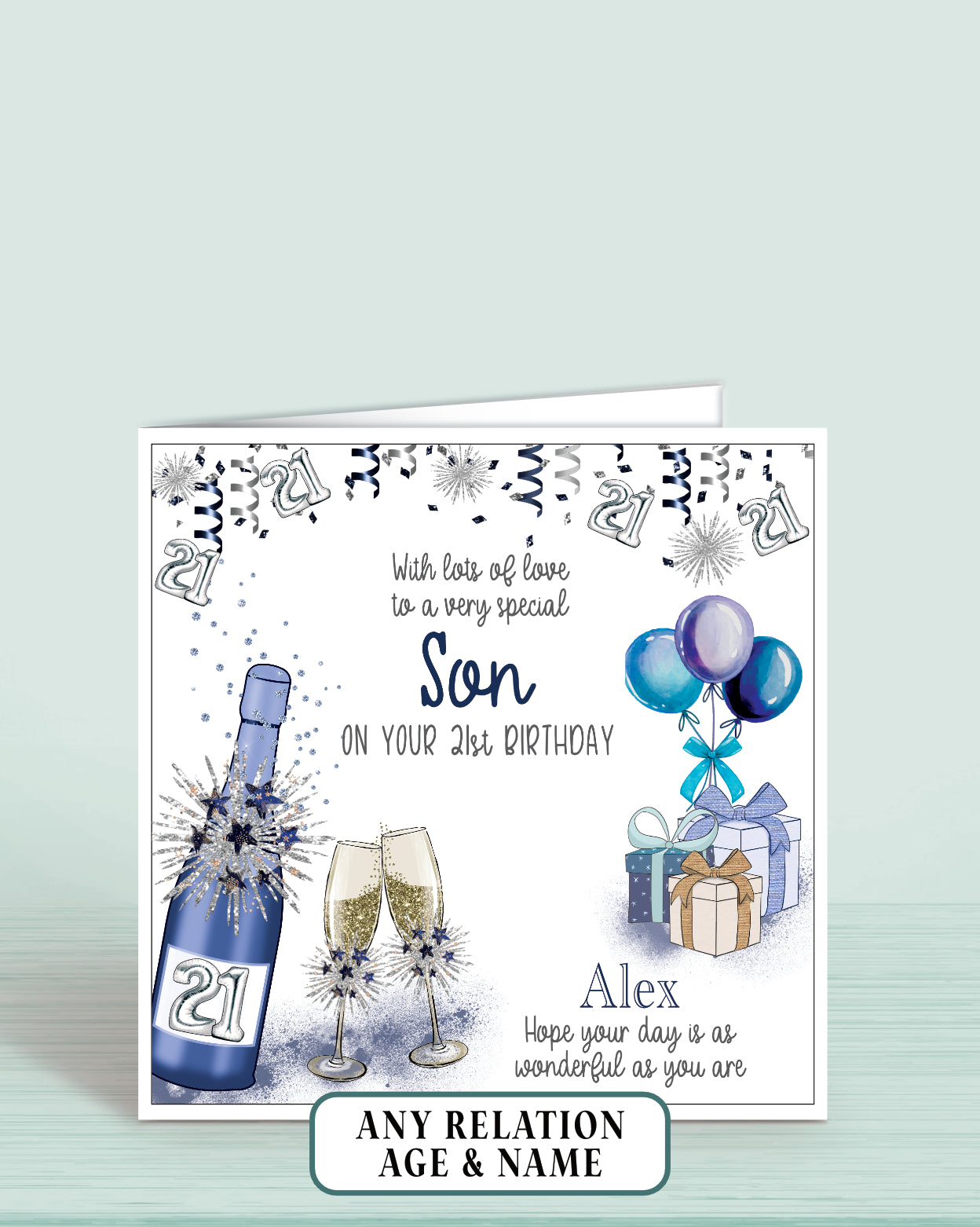 Son Birthday Card, Mens 21st Birthday Card for Him, any age, any relation, Blue Bubbly | Oliver Rose Designs