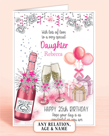 Daughter 25th Birthday Card for Her, Any Relationship, Any Age, Personalised Women's Birthday Card, Pink Female Birthday Card A5 | Oliver Rose Designs