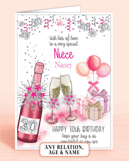 Niece 30th Birthday Card for Her, Any Relationship, Any Age, Personalised Women's Birthday Card, Pink Female Birthday Card A5 | Oliver Rose Designs