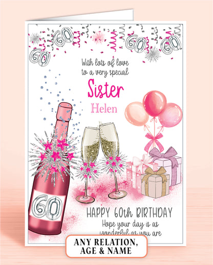 Sister 60th Birthday Card for Her, Any Relationship, Any Age, Personalised Women's Birthday Card, Pink Female Birthday Card A5 | Oliver Rose Designs