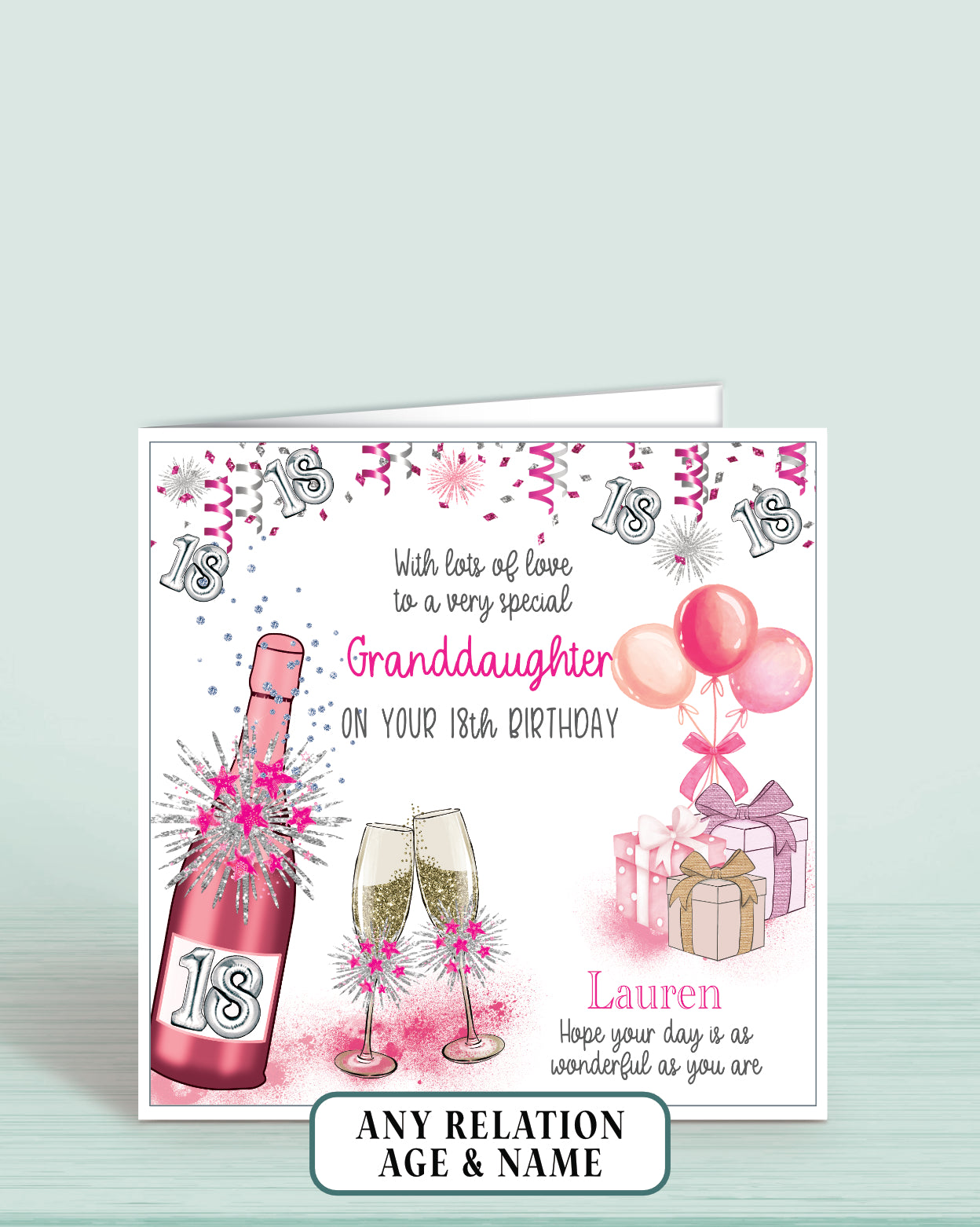 Granddaughter 18th Birthday Card for Her, Any Relationship, Any Age, Personalised Women's Birthday Card, Pink Female Birthday Card | Oliver Rose Designs