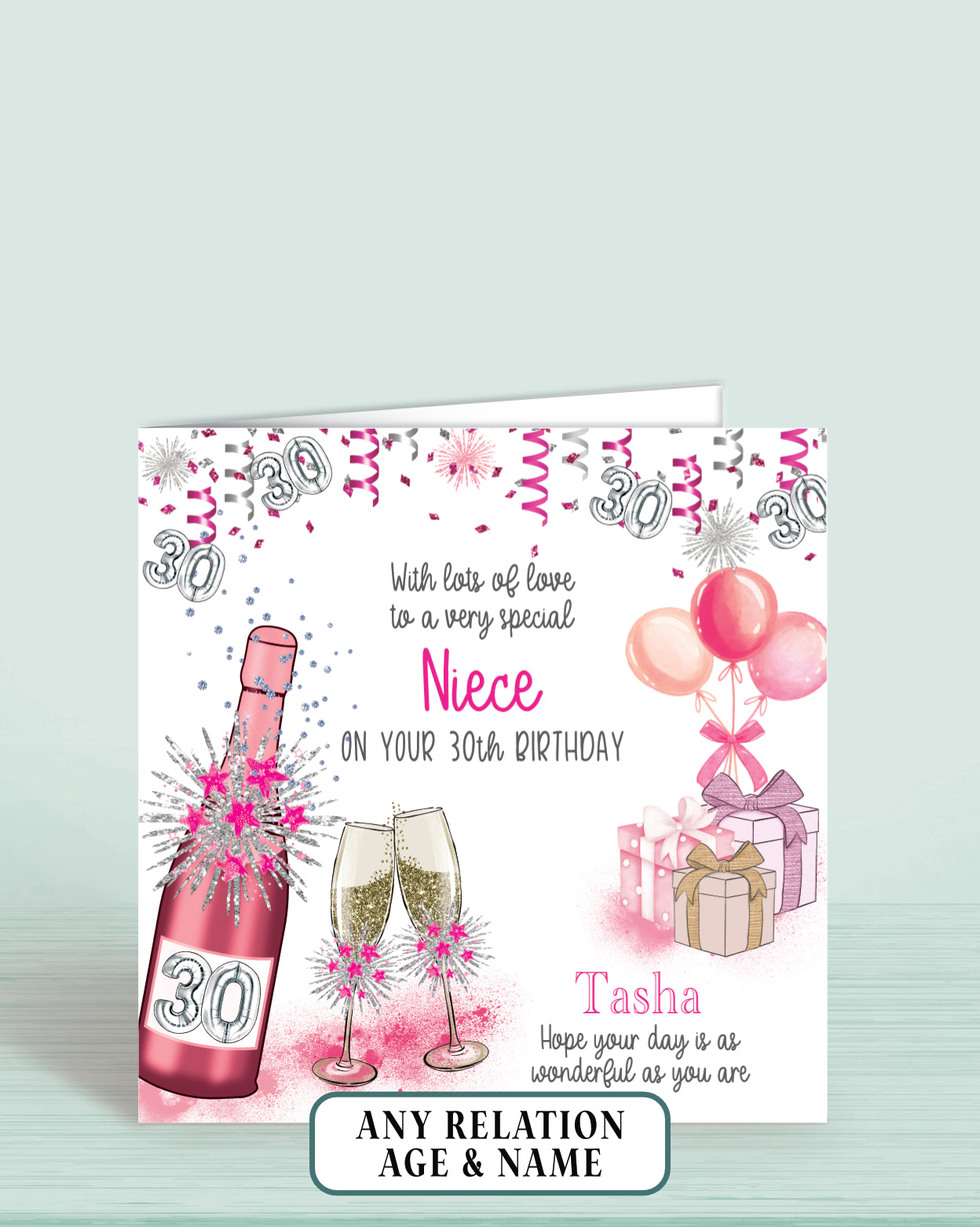 Niece 30th Birthday Card for Her, Any Relationship, Any Age, Personalised Women's Birthday Card. BDBUBBLESPINK | Oliver Rose Designs