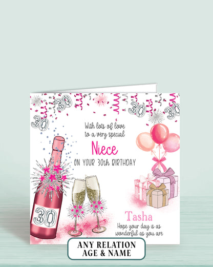 Niece 30th Birthday Card for Her, Any Relationship, Any Age, Personalised Women's Birthday Card. BDBUBBLESPINK | Oliver Rose Designs