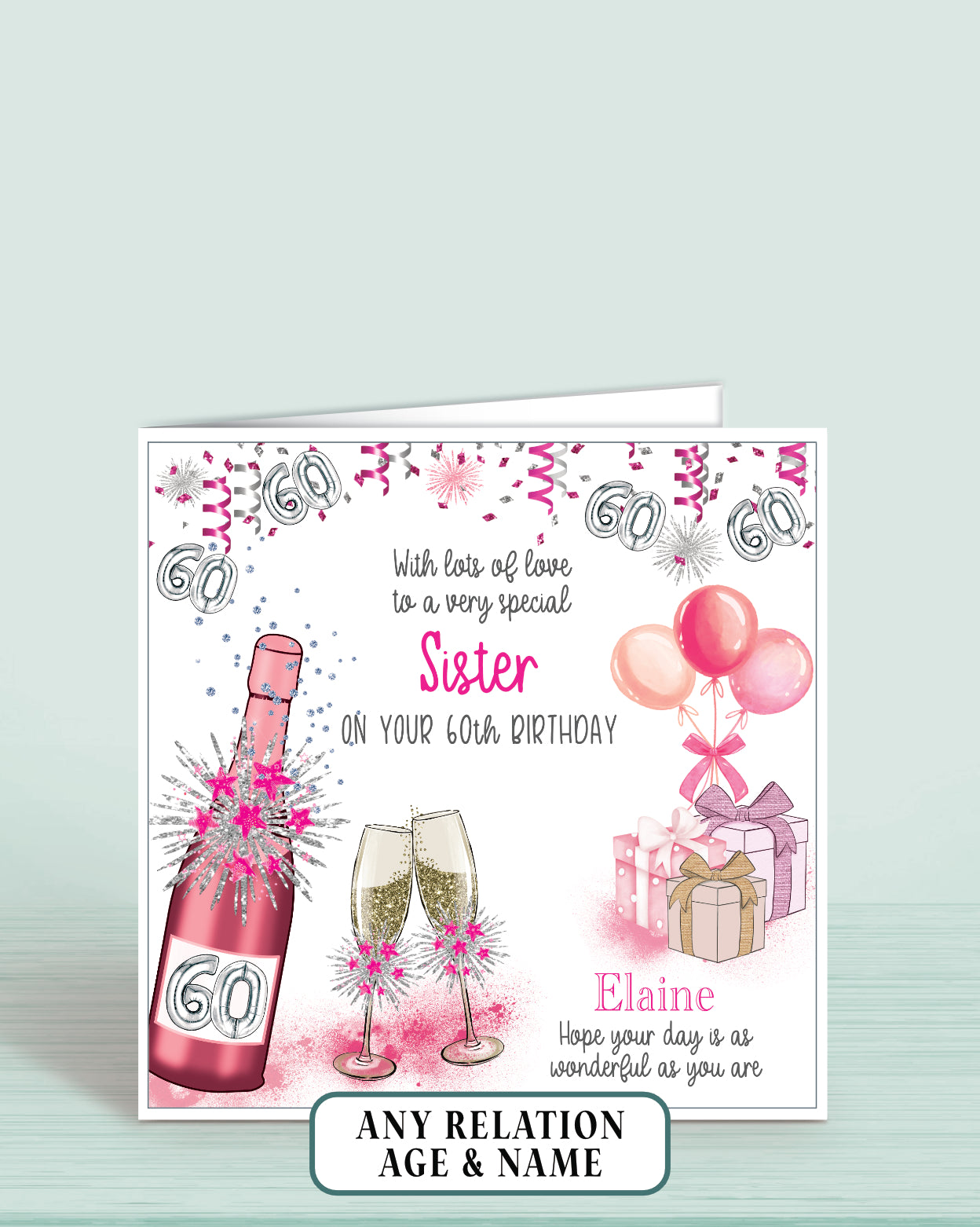 Sister 60th Birthday Card for Her, Any Relationship, Any Age, Personalised Women's Birthday Card, Pink Female Birthday Card | Oliver Rose Designs