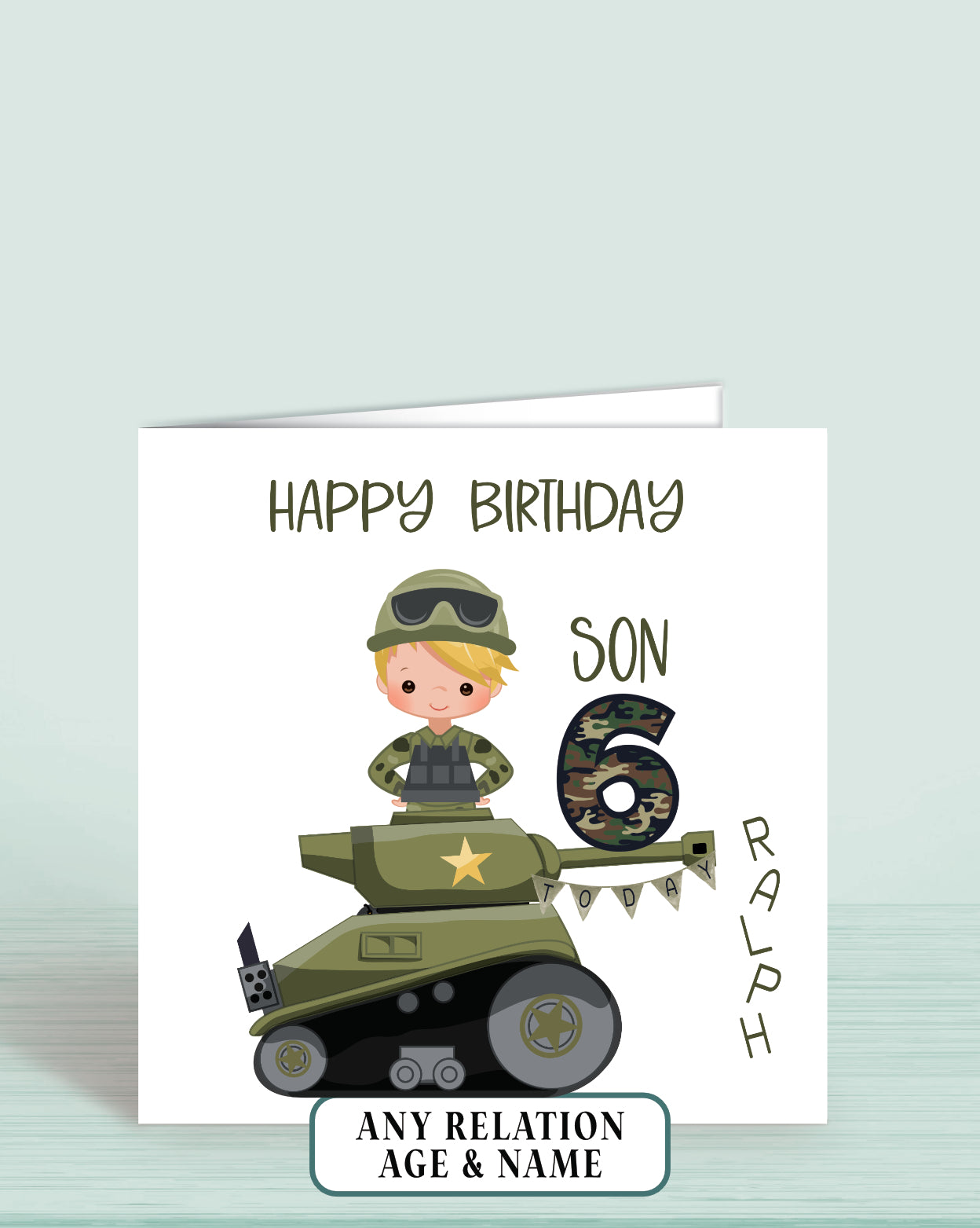 Son Birthday Card, 6th Birthday Card, Boys Army Tank Theme Birthday Card (Boy E) Any Age, Any Relation | Oliver Rose Designs