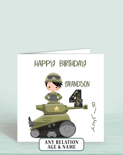 Grandson Birthday Card, 4th Birthday Card, Boys Army Tank Theme Birthday Card (Boy A) Any Age, Any Relation | Oliver Rose Designs