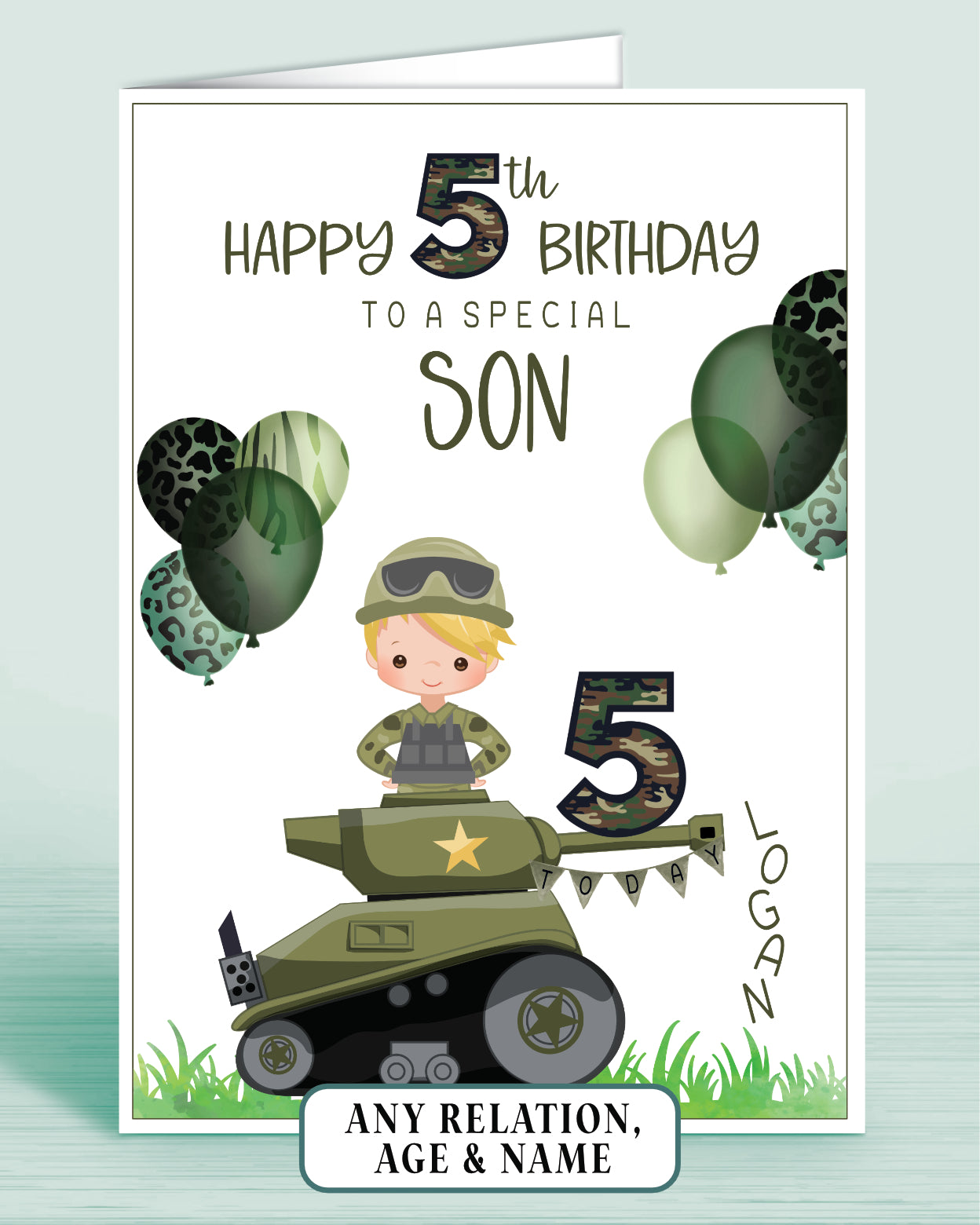 Son Birthday Card for Boys Army Tank Camo Personalised Birthday Card, 5th Birthday Card, Red Ginger Hair, Any Age, Any Relation, BLONDE HAIR | Oliver Rose Designs