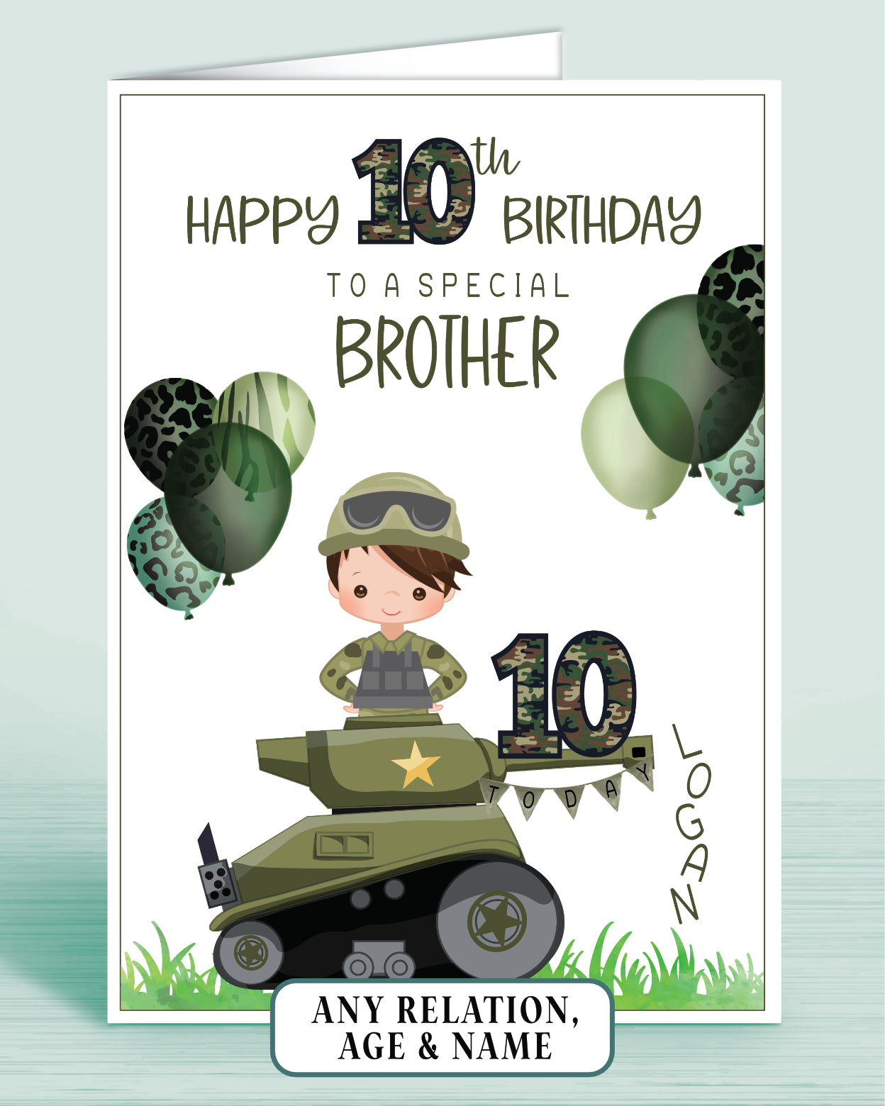 Brother Birthday Card for Boys Army Tank Camo Personalised Birthday Card, 10th Birthday Card, Red Ginger Hair, Any Age, Any Relation, BROWN HAIR | Oliver Rose Designs