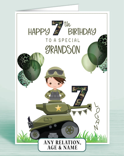 Grandson Birthday Card for Boys Army Tank Camo Personalised Birthday Card, 7th Birthday Card, Red Ginger Hair, Any Age, Any Relation, BROWN HAIR | Oliver Rose Designs