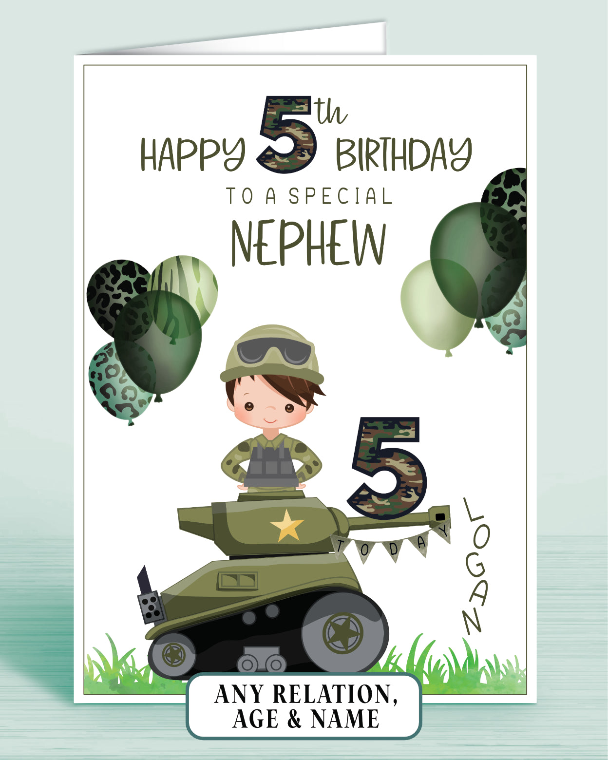 Nephew Birthday Card for Boys Army Tank Camo Personalised Birthday Card, 5th Birthday Card, Red Ginger Hair, Any Age, Any Relation, BROWN HAIR | Oliver Rose Designs