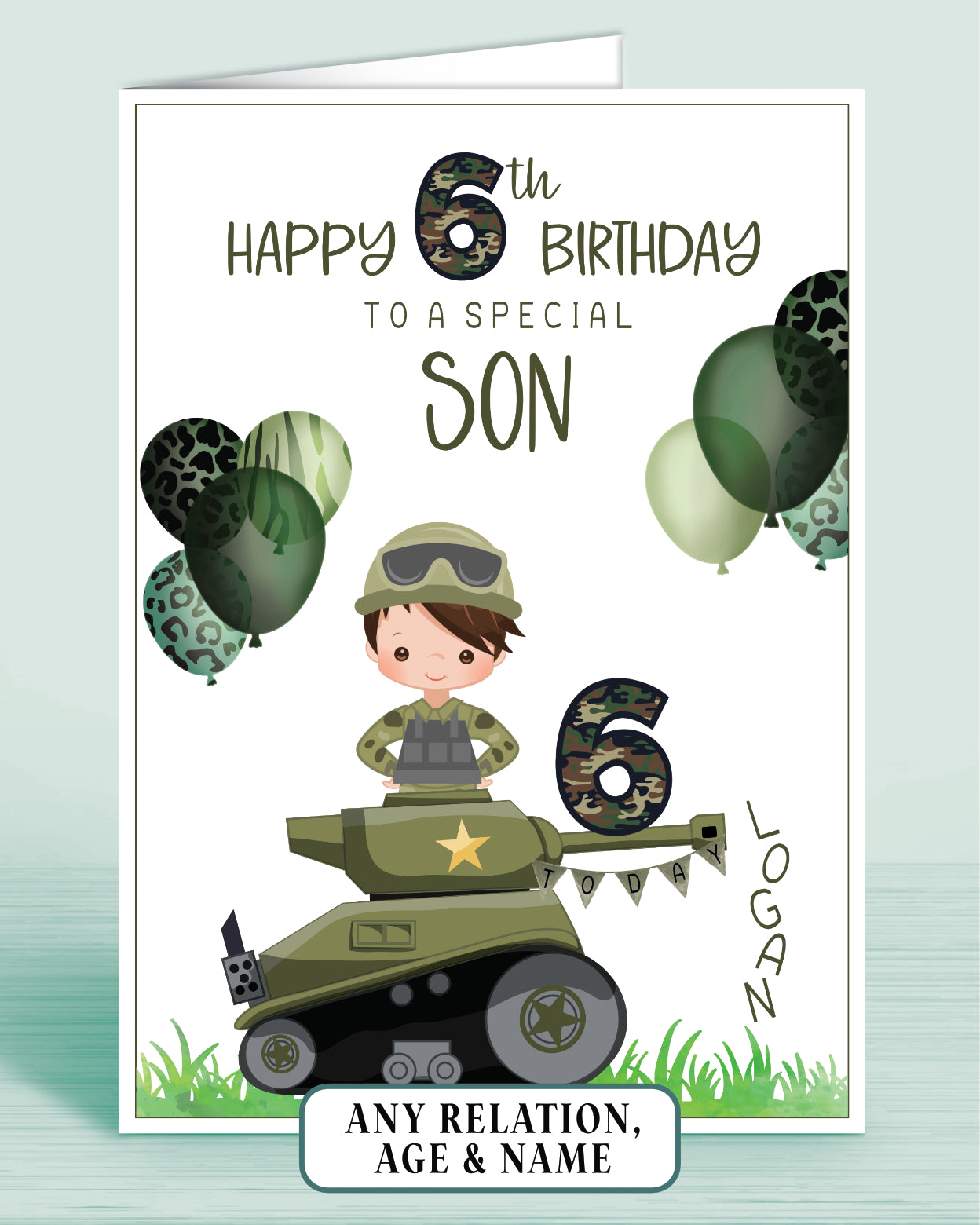 Son Birthday Card for Boys Army Tank Camo Personalised Birthday Card, 6th Birthday Card, Red Ginger Hair, Any Age, Any Relation, BROWN HAIR | Oliver Rose Designs