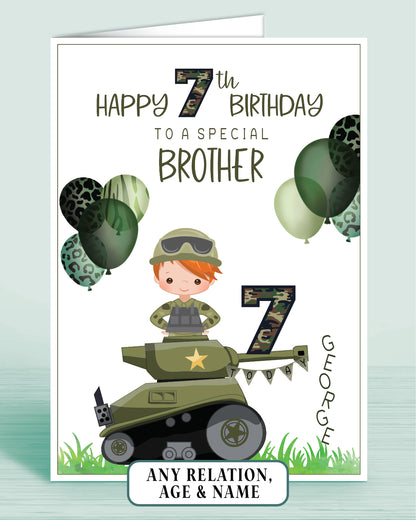 Brother Birthday Card for Boys Army Tank Camo Personalised Birthday Card, 7th Birthday Card, Red Ginger Hair, Any Age, Any Relation, RED HAIR | Oliver Rose Designs