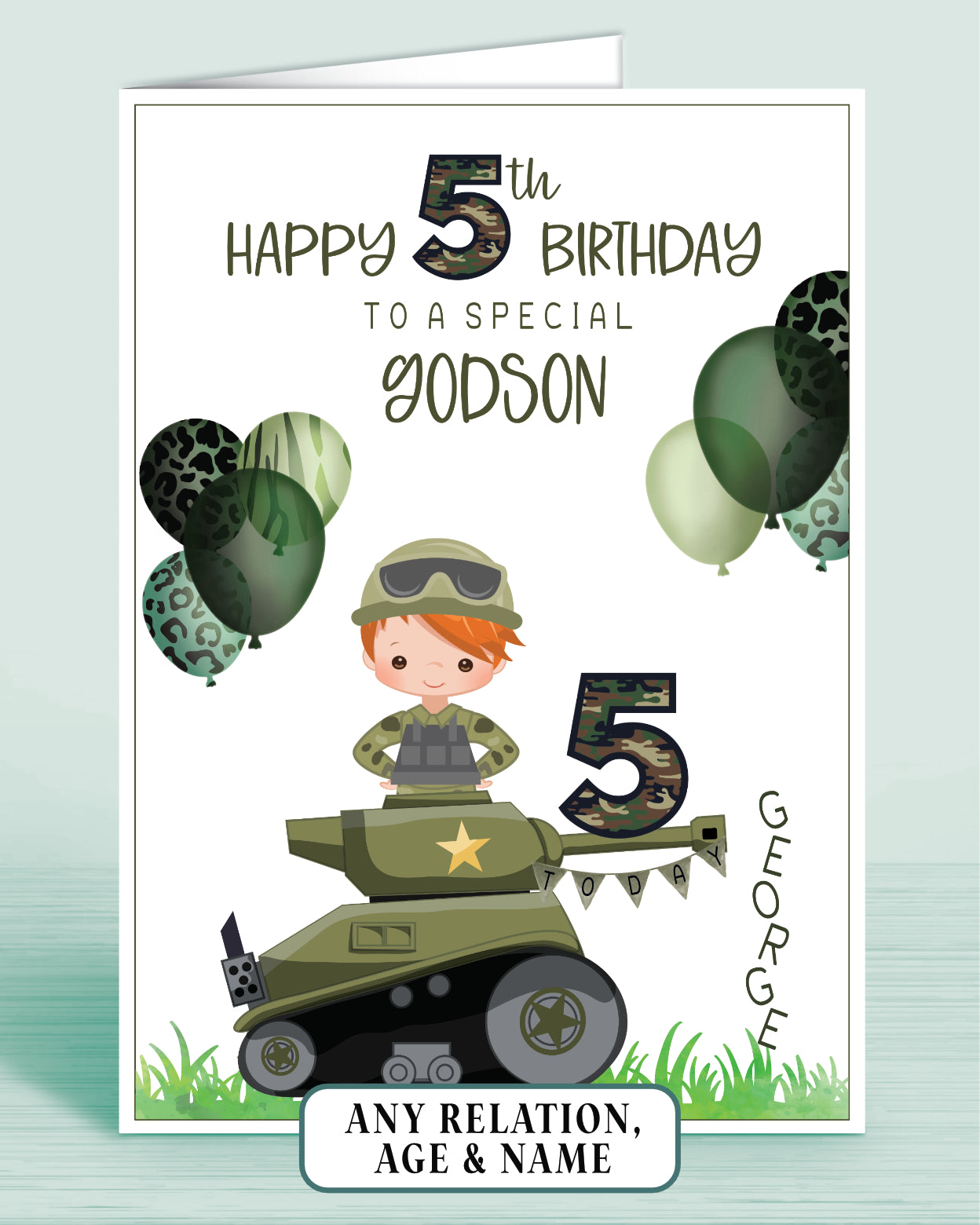 Godson Birthday Card for Boys Army Tank Camo Personalised Birthday Card, 5th Birthday Card, Red Ginger Hair, Any Age, Any Relation, RED HAIR | Oliver Rose Designs