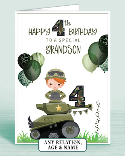 Grandson Birthday Card for Boys Army Tank Camo Personalised Birthday Card, 4th Birthday Card, Red Ginger Hair, Any Age, Any Relation, RED HAIR | Oliver Rose Designs