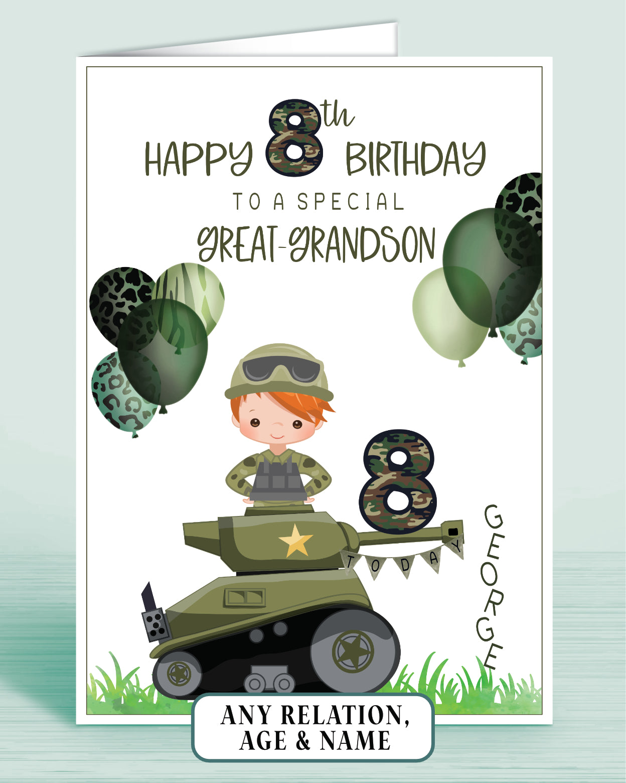 Great-Grandson Birthday Card for Boys Army Tank Camo Personalised Birthday Card, 8th Birthday Card, Red Ginger Hair, Any Age, Any Relation, RED HAIR | Oliver Rose Designs