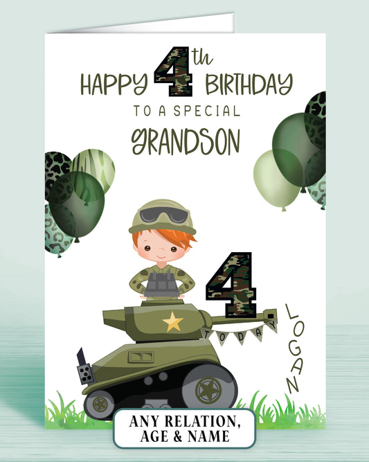 Boys Army Tank Camo Personalised Birthday Card | Red Ginger Hair | Any Age (Age 4th) | Any Relation (TO A SPECIAL GRANDSON) | Oliver Rose Designs