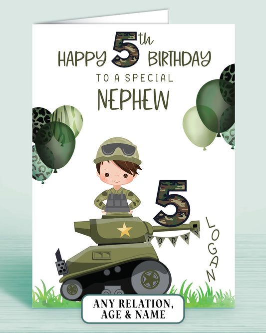 Boys Army Tank Camo Personalised Birthday Card | Brown Hair | Any Age (Age 5th) | Any Relation (TO A SPECIAL NEPHEW) | Oliver Rose Designs