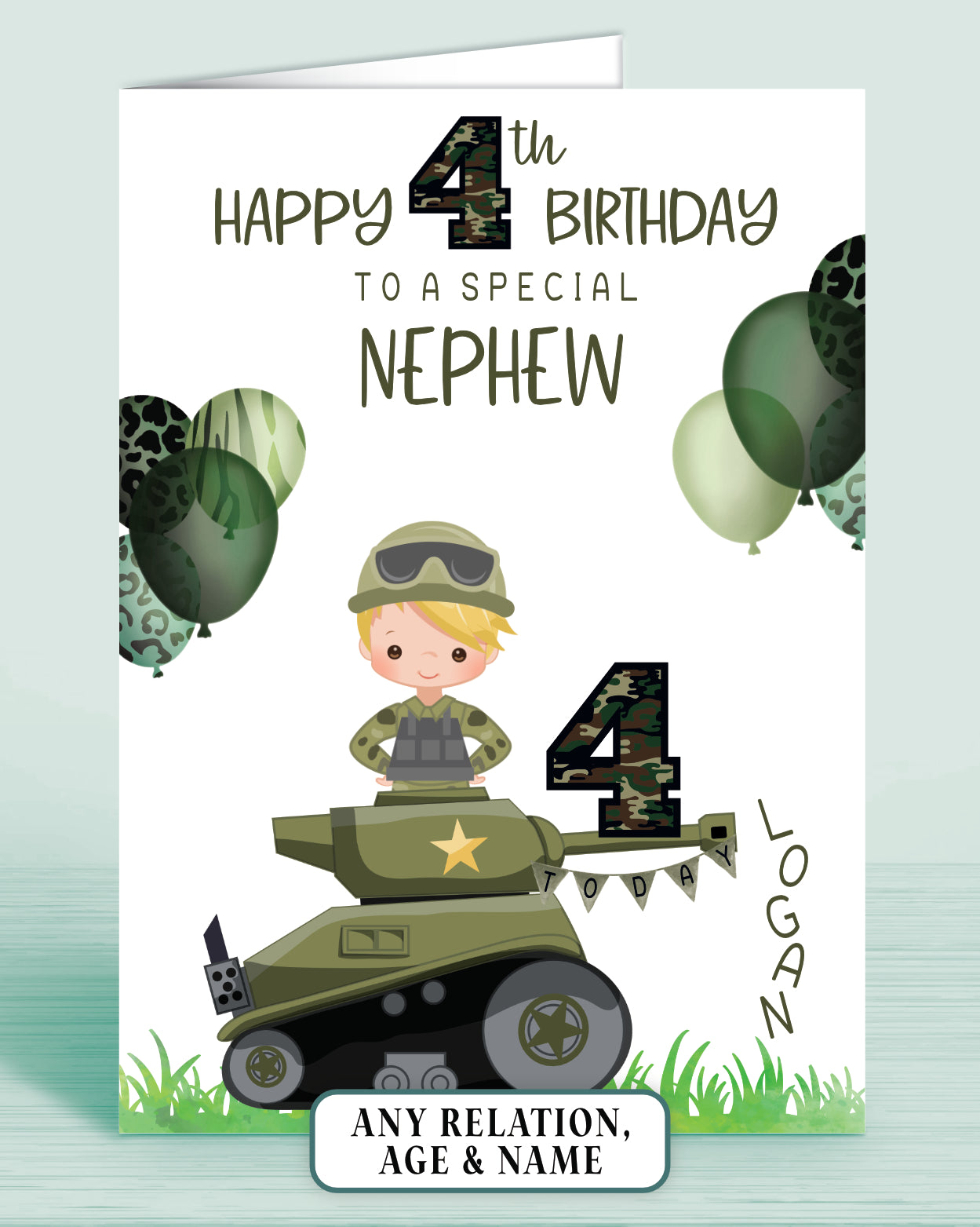 Boys Army Tank Personalised Birthday Card | Blonde Hair | Any Age (Age 4th) | Any Relation (TO A SPECIAL NEPHEW) | Oliver Rose Designs