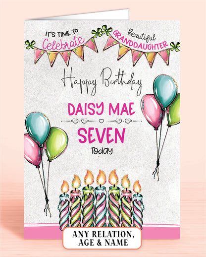 Personalised Granddaughter 7th Birthday Card, Beautiful Goddaughter, It's time to Celebrate, Seven Today | Oliver Rose Designs