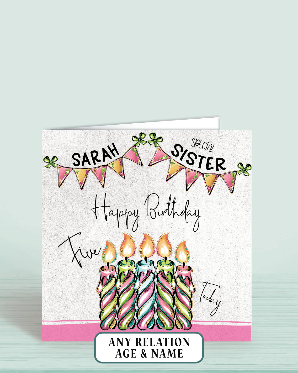 Sister Birthday Card Age 5th, Pik, Blue & Green, Special Little Sister, Big Sister, Any Age, Any Relation. Add a Name | Oliver Rose Designs