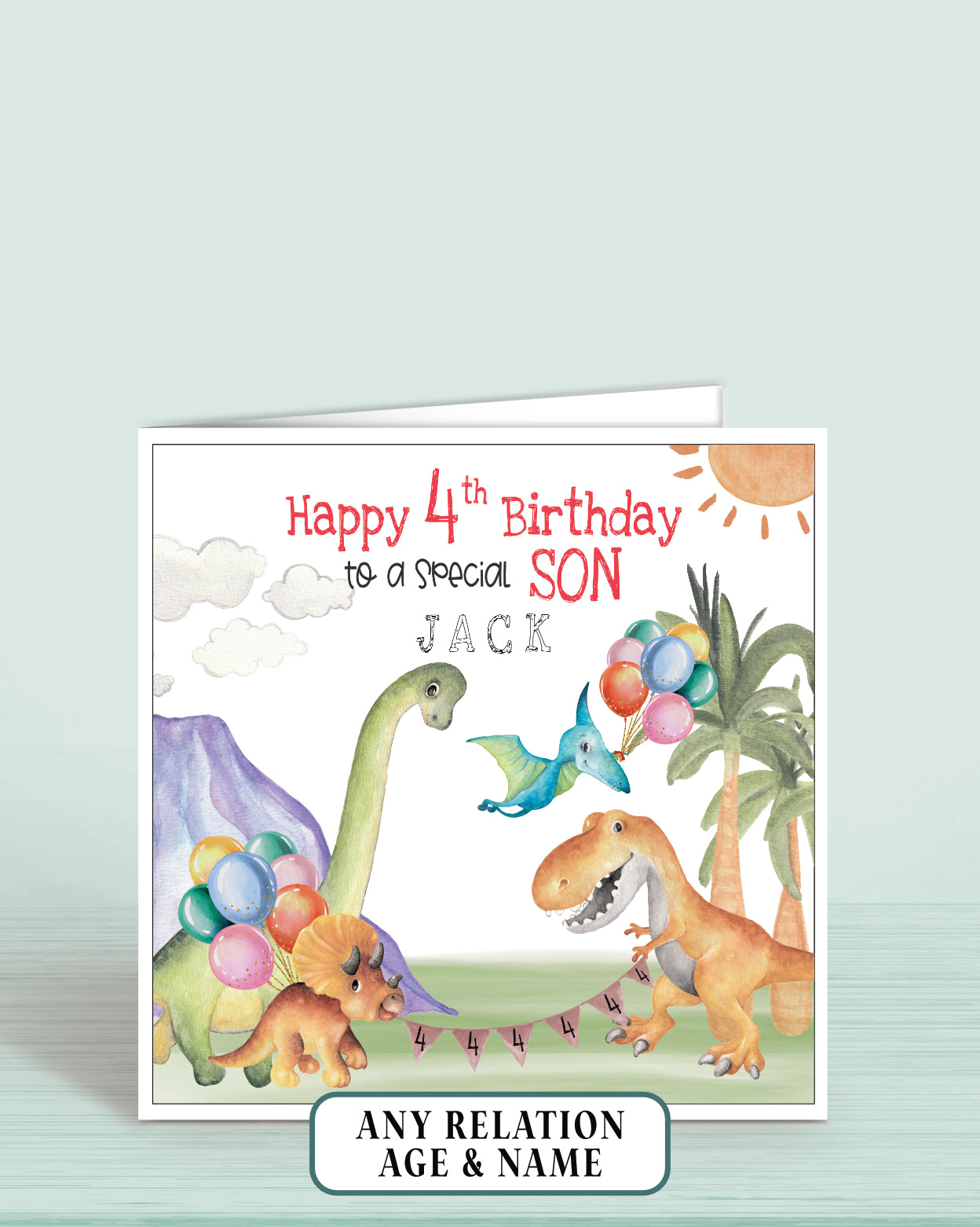 Dinosaur Birthday Card for SON, age 4th (or any age, any relation, any name) | Oliver Rose Designs