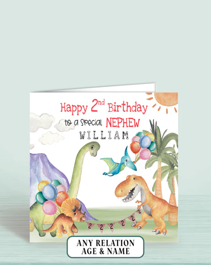 Dinosaur Birthday Card for Nephew, age 2nd (or any age, any relation, any name) | Oliver Rose Designs